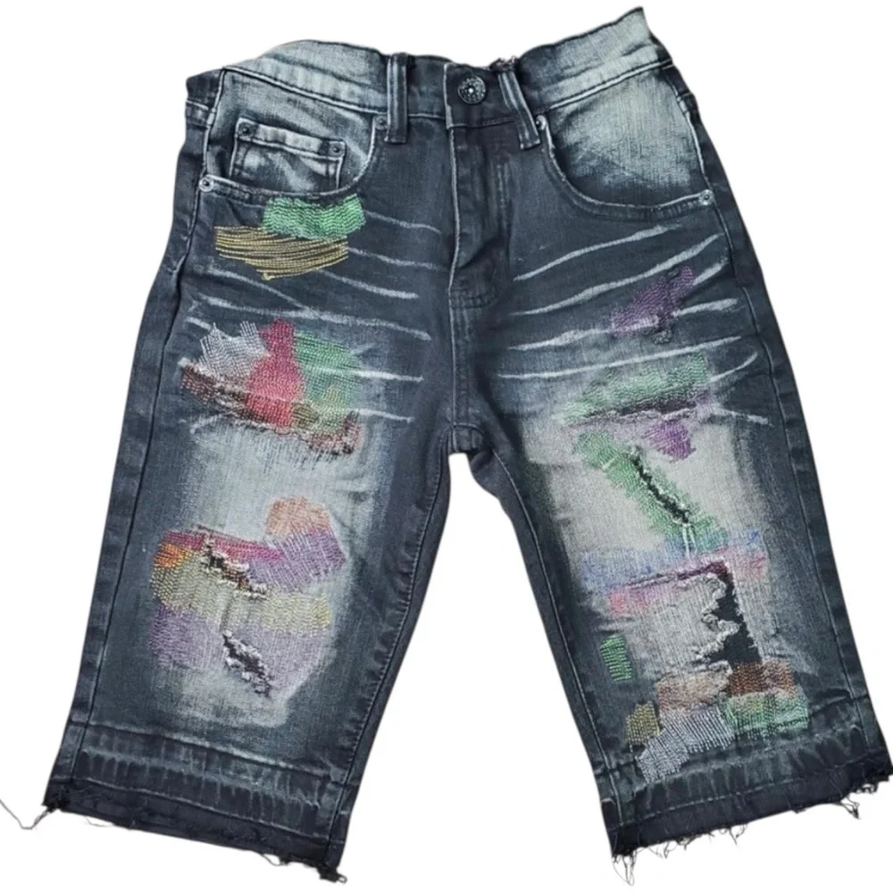 Sz 28 black paint splash denim shorts